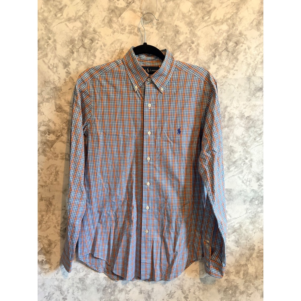 Ralph Lauren Classic Fit Button Down Shirt Mens 14‎ 1/2 S Plaid Blue Orange